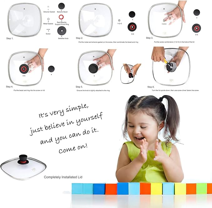 FOLI Square Glass Lid for Grill Pans with Steam Vent Hole - Fits Lodge Cast Iron Skillets 10.5inch(26.67cm) - Square Tempered Glass Lid - Universal Replacement Cover Bakelite Round Knob