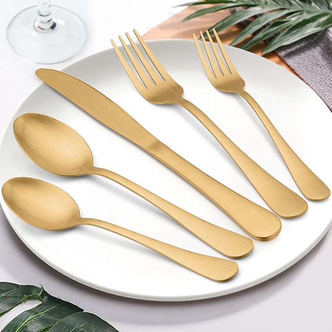 LIANYU 20 Piece Matte Gold Silverware Set, Stainless Steel Gold Flatware Cutlery Set for 4, Fancy Kitchen Utensil Tableware for Home Restaurant Party, Satin Finish, Dishwasher Safe