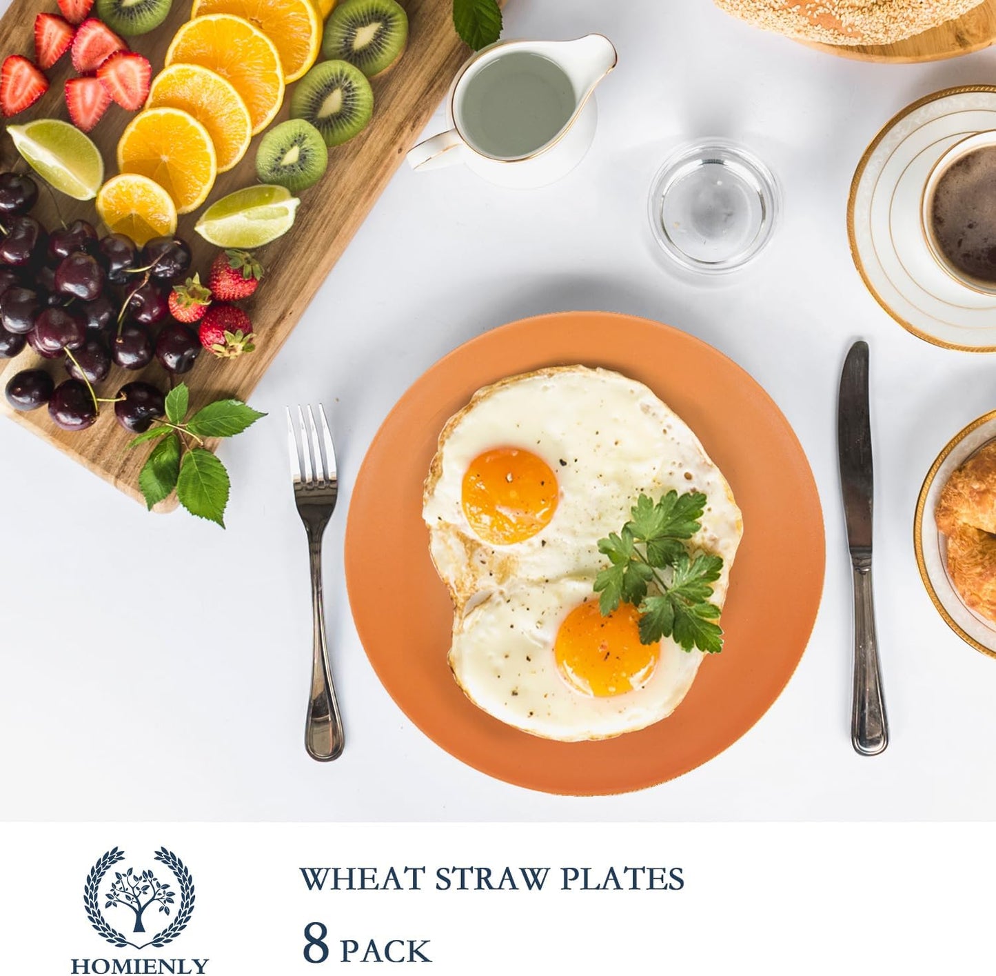 Homienly Flat Dinner Plate Set of 8 - Alternative for Plastic, Microwave and Dishwasher Safe, Wheat Straw Dinnerware for Kitchen, Unbreakable Kids (Orange, 9 Inch), MS 01