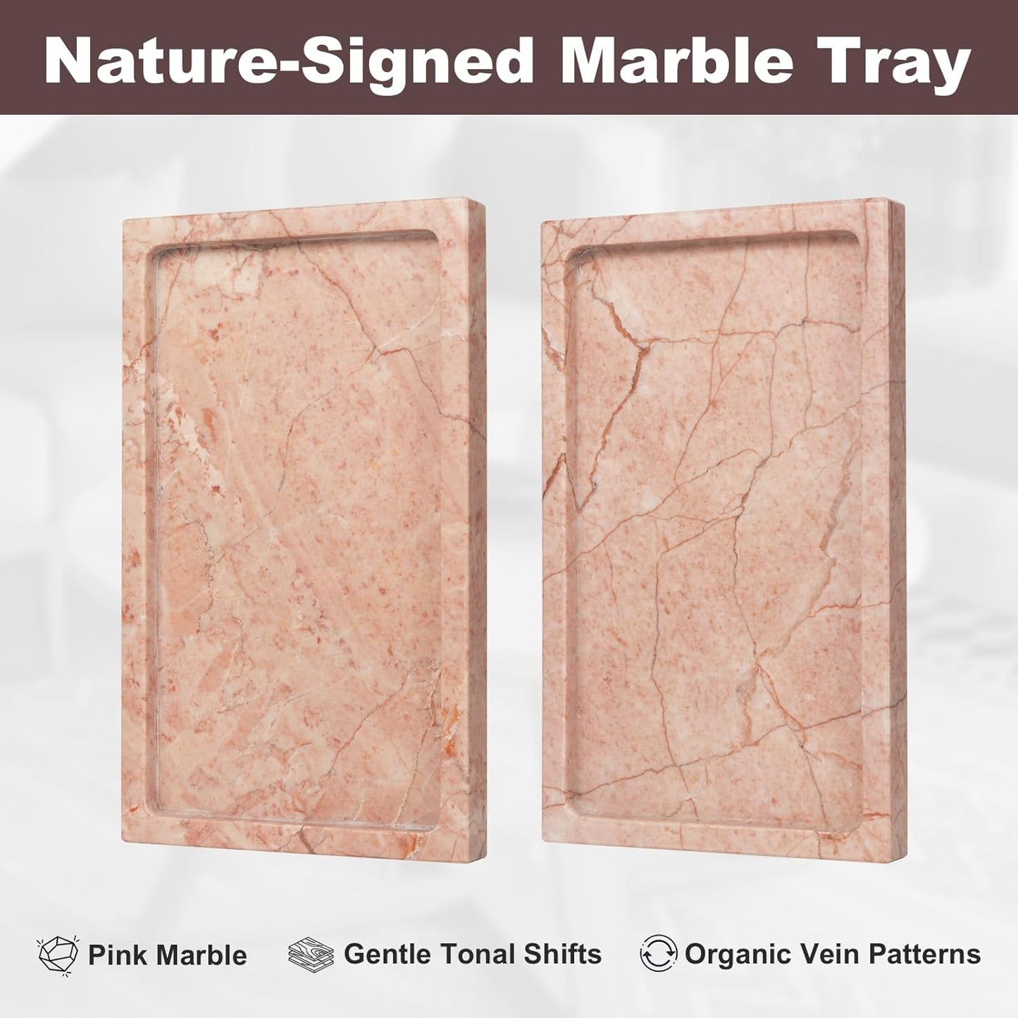 Natural Marble Rectangular Tray 10x6 Inch - Cream Rose Vanity Organizer for Bathroom, Coffee Table & Kitchen - Weighted Base