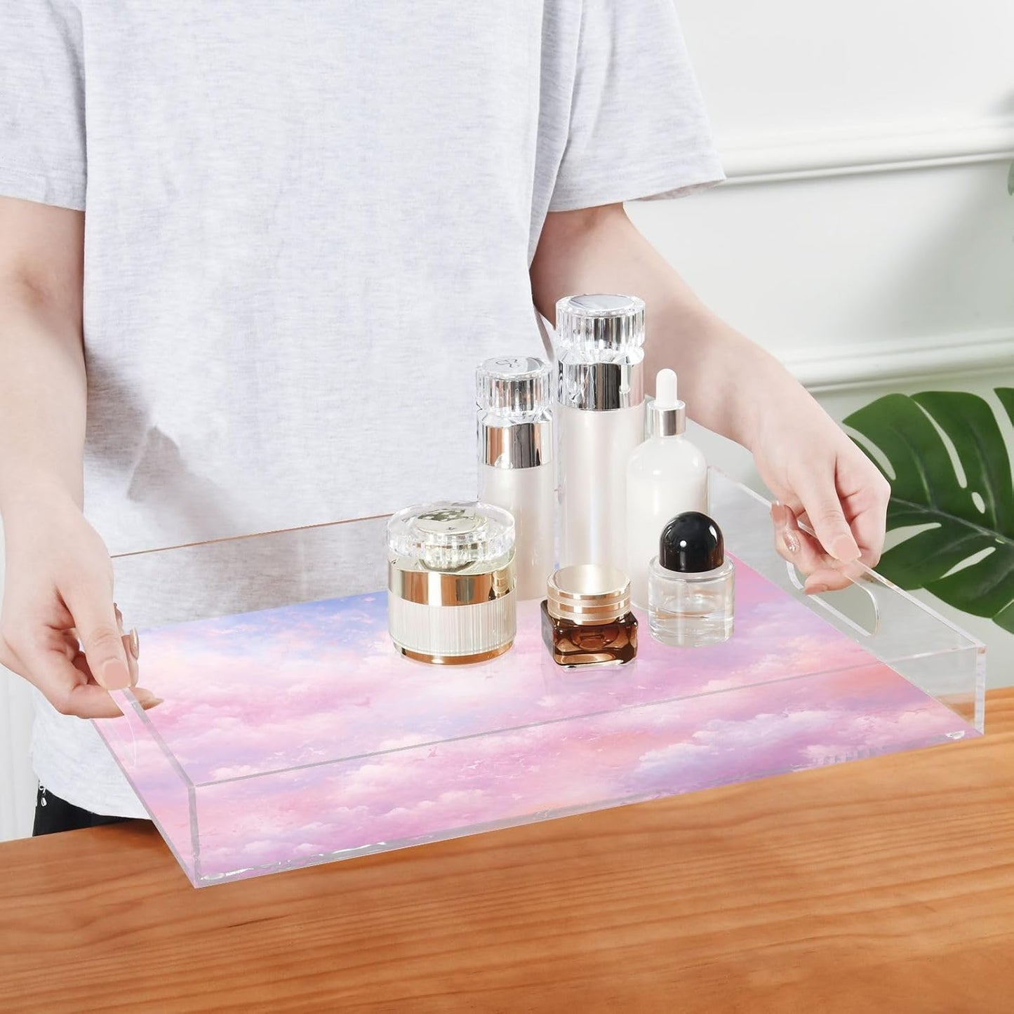 Plastic Food Serving Tray Decorative Vanity Trays for Bathroom Pink Sky Coffee Table Kitchen Counter 11.8 * 15.7in