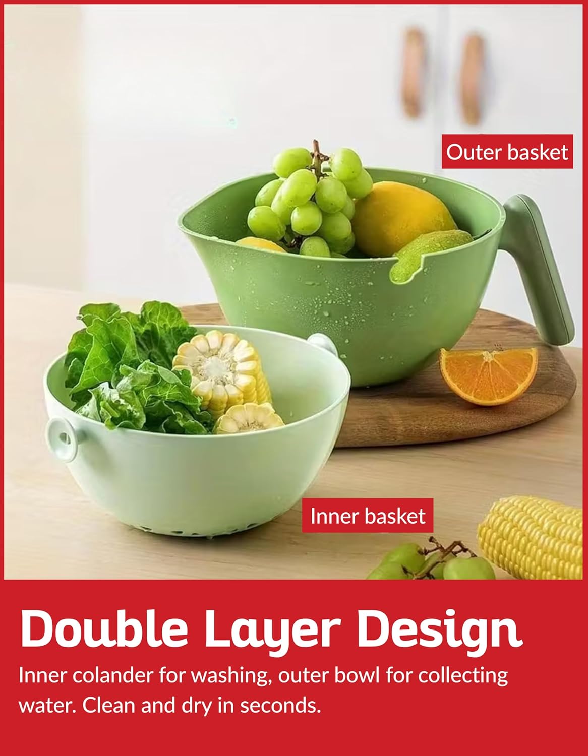 Multi Functional Draining Basket – Double Layer Colander & Bowl Set for Pasta, Fruits, Vegetables & Rice – Durable BPA-Free, Dishwasher Safe (Avocado Green)