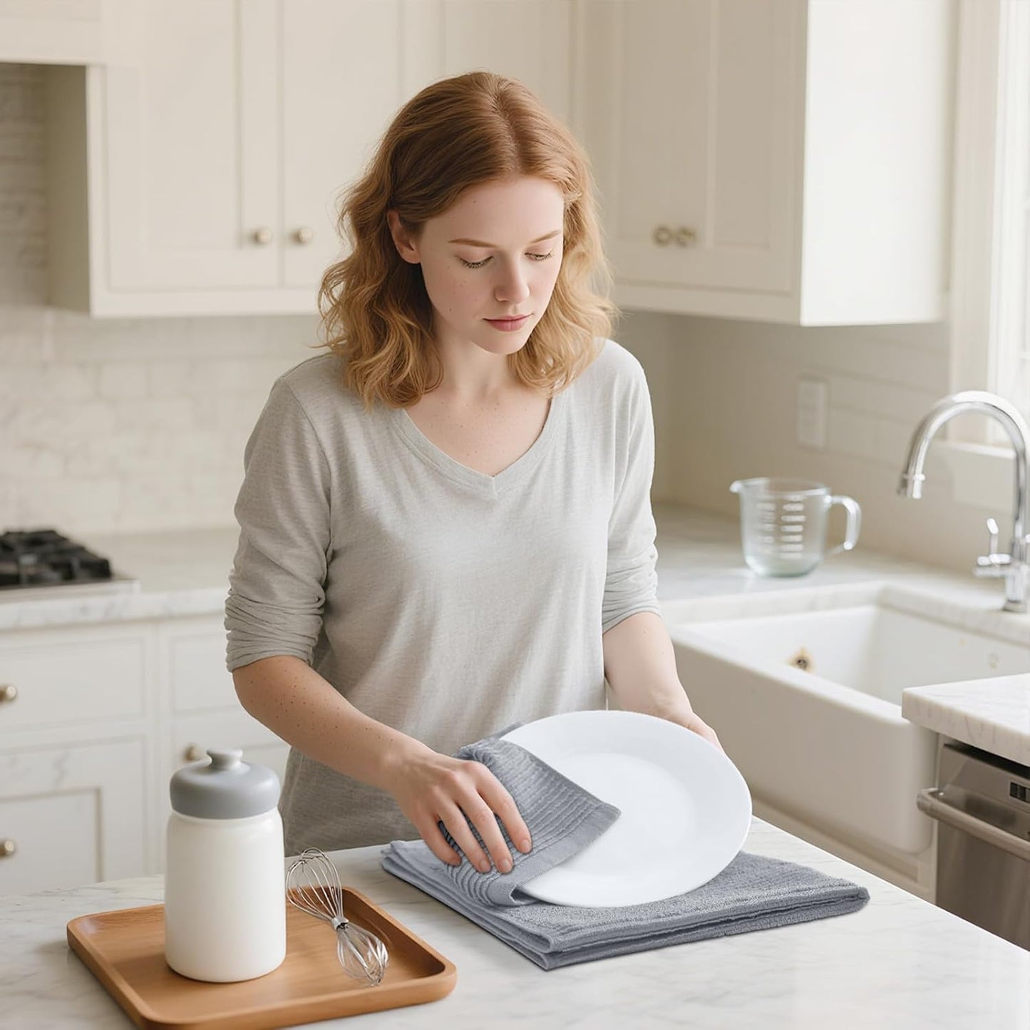 Homaxy Premium Kitchen Towels (18"x 28", 6 Pack), Large 100% Cotton Kitchen Hand Towels, Ultra Absorbent Ribbed Terry Tea Towels Set with Hanging Loop, Grey