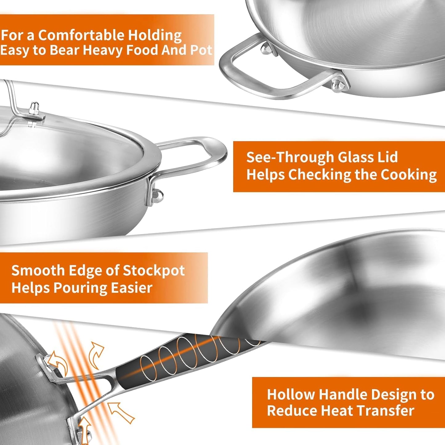 DELARLO Stainless Steel Pan 14-Inch, Large Frying Pan with Lid, Heavy Duty, Compatible with Induction, Gas and Electric up to 650℉, Fast & Even Heating, Durable, Dishwasher, Oven Safe Skillet