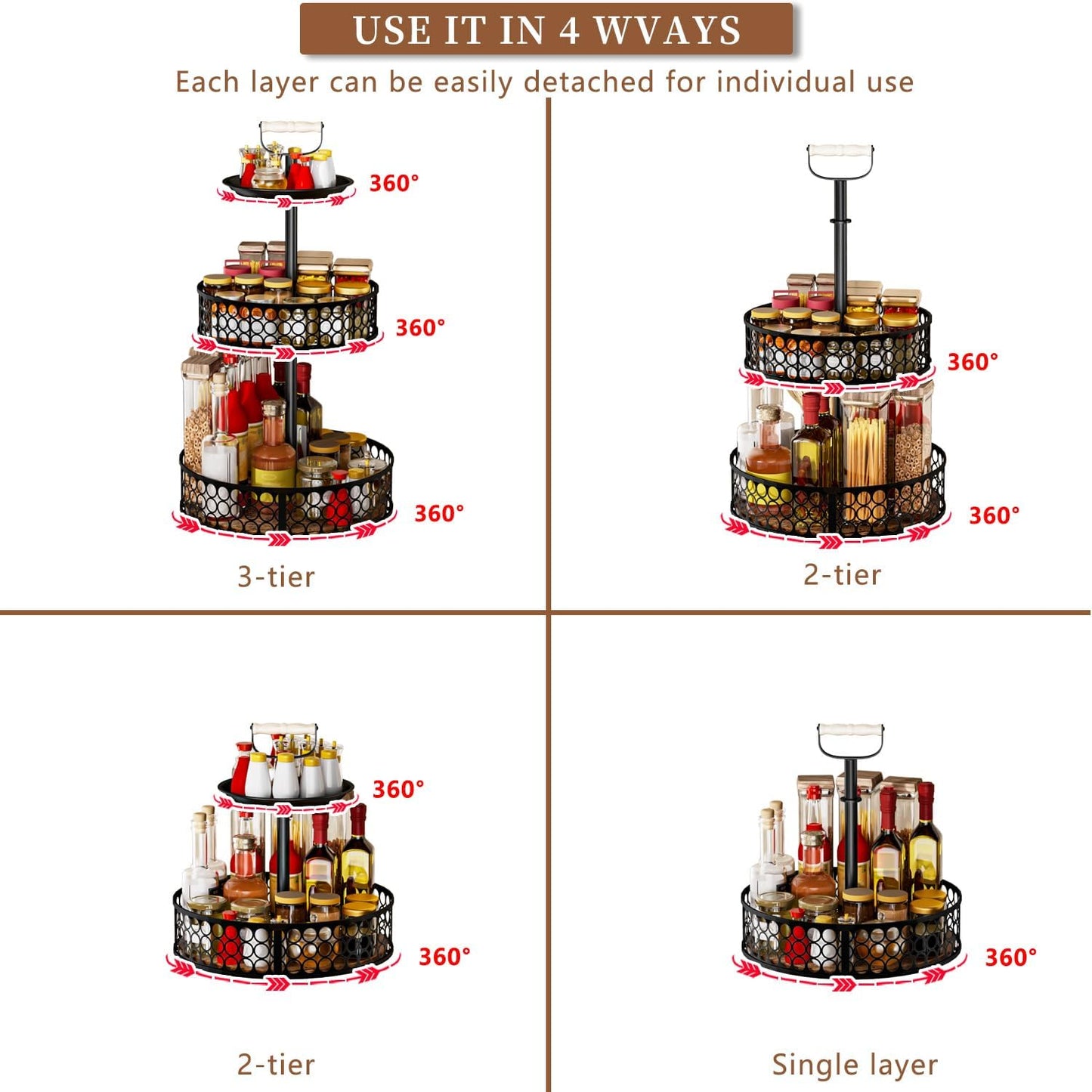 Heavy-Duty 3 Tier Lazy Susan Organizer, Upgraded DIY 4-in-1 Design Detachable Metal Rotating Spice Rack, Spice Organization for Kitchen Cabinet Countertop