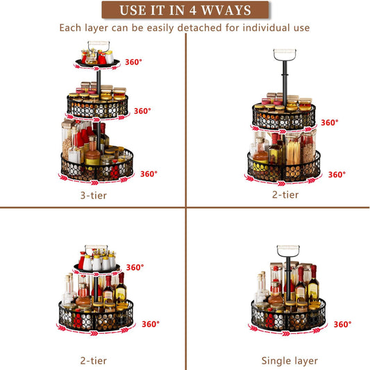 Heavy-Duty 3 Tier Lazy Susan Organizer, Upgraded DIY 4-in-1 Design Detachable Metal Rotating Spice Rack, Spice Organization for Kitchen Cabinet Countertop