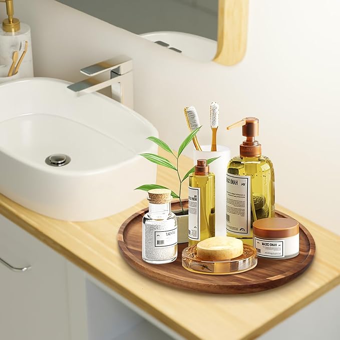Acacia Wood Bathroom Vanity Tray Round Lazy Susan Organizer for Table Top Kitchen Sink Soap Tray Large Wooden Lazy Susan Turntable Kitchen Counter Perfume Rotating Tray for Bathroom Decor Accessories