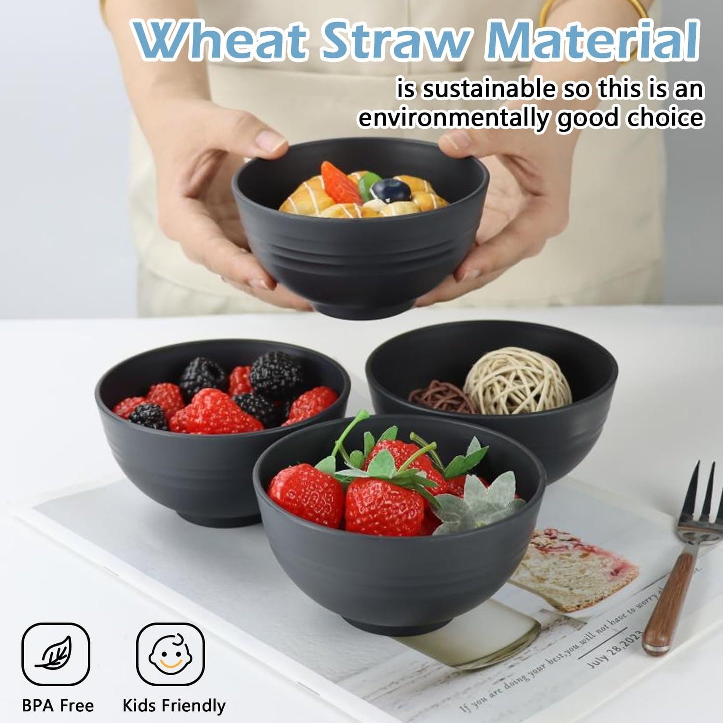 Wheat Straw Bowls Set of 8,10 OZ Small Bowls,Kids Bowls,Cereal Bowls,Plastic Bowls Reusable,Unbreakable Ice Cream Bowls for Dessert,Snack,BPA-Free,Dishwasher & Microwave Safe Bowls for Kitchen,Black