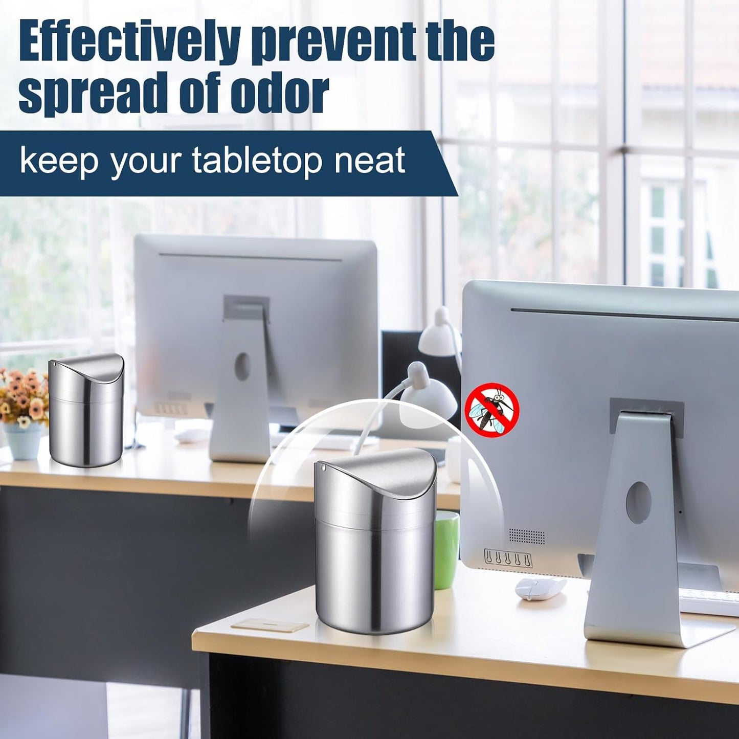 2 Pcs Desk Trash Can with Swing Lids, 12 Rolls of Trash Bags, 2L Brushed Stainless Steel Countertop Garbage Bin Small Wastebasket with Lid for Office Desk, Coffee Table(Silver)