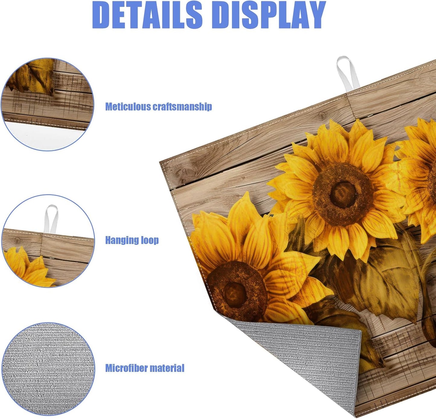 Vintage Sunflower Wooden Grain Dish Drying Mat for Kitchen Counter Drying Pad Absorbent Reversible Dish Drainer Rack Mats Draining Pad 18"x24"Inch