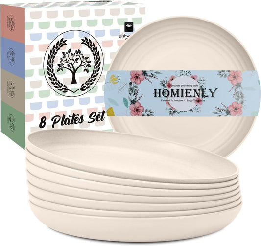 Homienly Wheat Straw Dinner Plates Set of 8, Unbreakable, Dishwasher & Microwave Safe, Modern Style, 9 inch, Beige