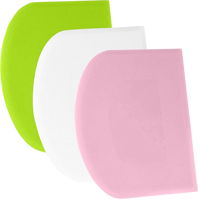 SURDOCA Dough Scraper Bench Scraper - 3P 8.3x5.5" Plastic Flexible Bowl Scraper, Sharp Edge & Angles Cake Scraper. Non-Slip Bakeware Decorating Tools Sculpting & Modeling Tools - Pink+White+Green