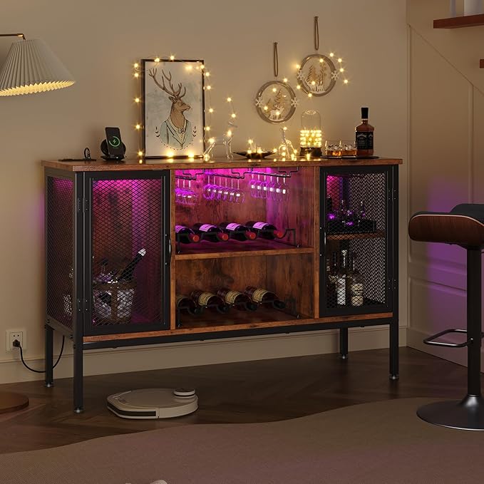 Upgraded Wine Bar Cabinet with Back Panel, Liquor Cabinet with LED Lights & Power Outlets, Adjustable Shelves, Glass Holders & Storage, Coffee Station for Kitchen/Home, Rustic Brown