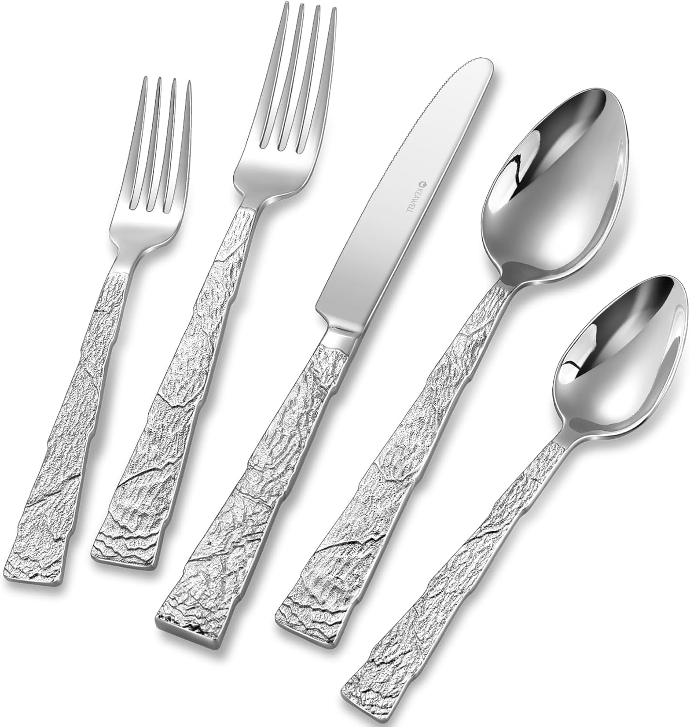 KEAWELL Premium Lava Silverware Set – 18/10 Stainless Steel Flatware, Dishwasher Safe, Textured Handle, Durable for Everyday Use, Elegant for Entertaining (20, Silver)