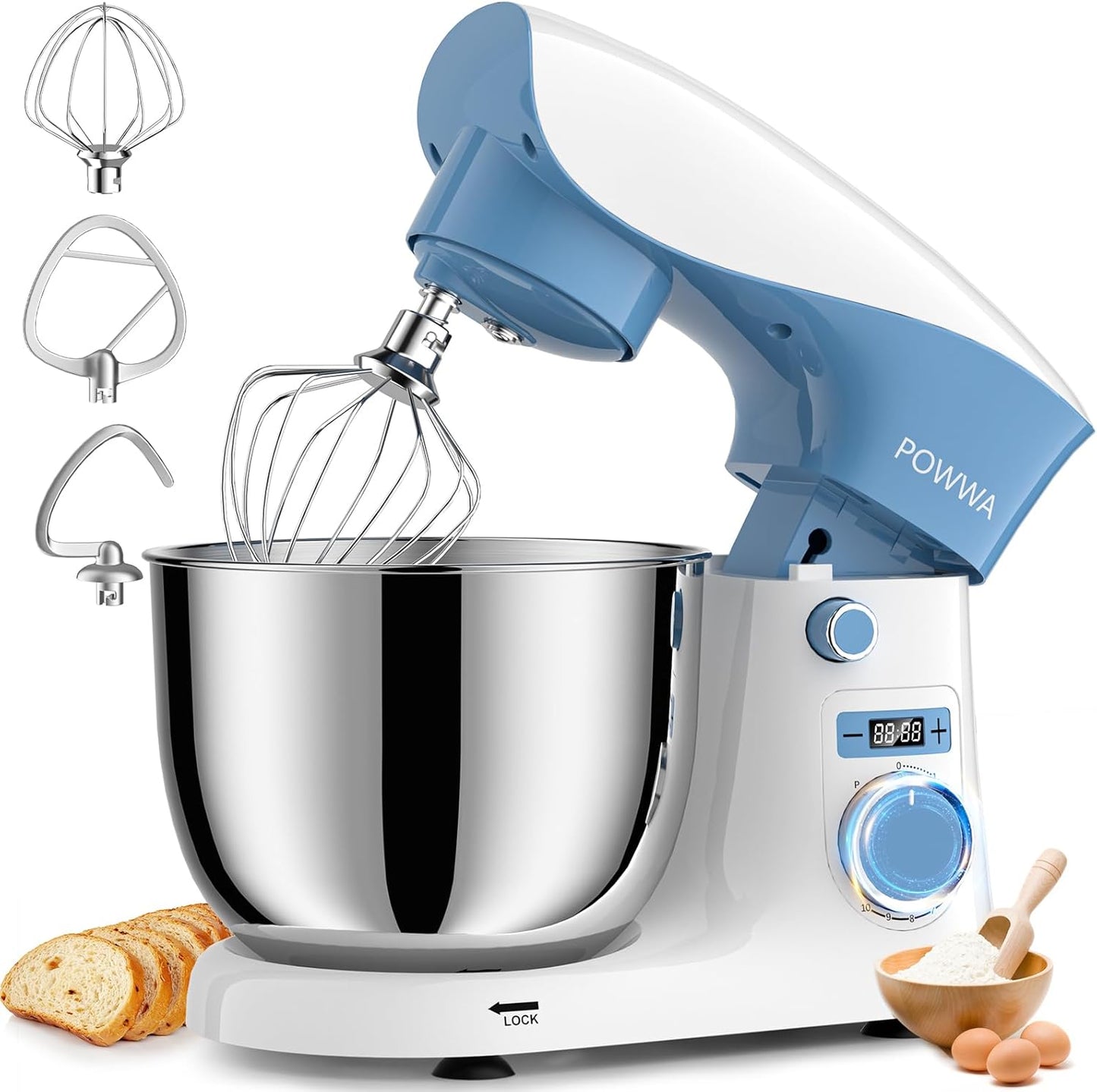 Stand Mixer, POWWA 6.5 QT 10 Speeds Tilt-Head Electric Stand Mixer, 3-In-1 Kitchen Mixer with Bowl, Dough Hook, Whisk and Beater, Food Mixer for Baking and Daily Use (White Blue)