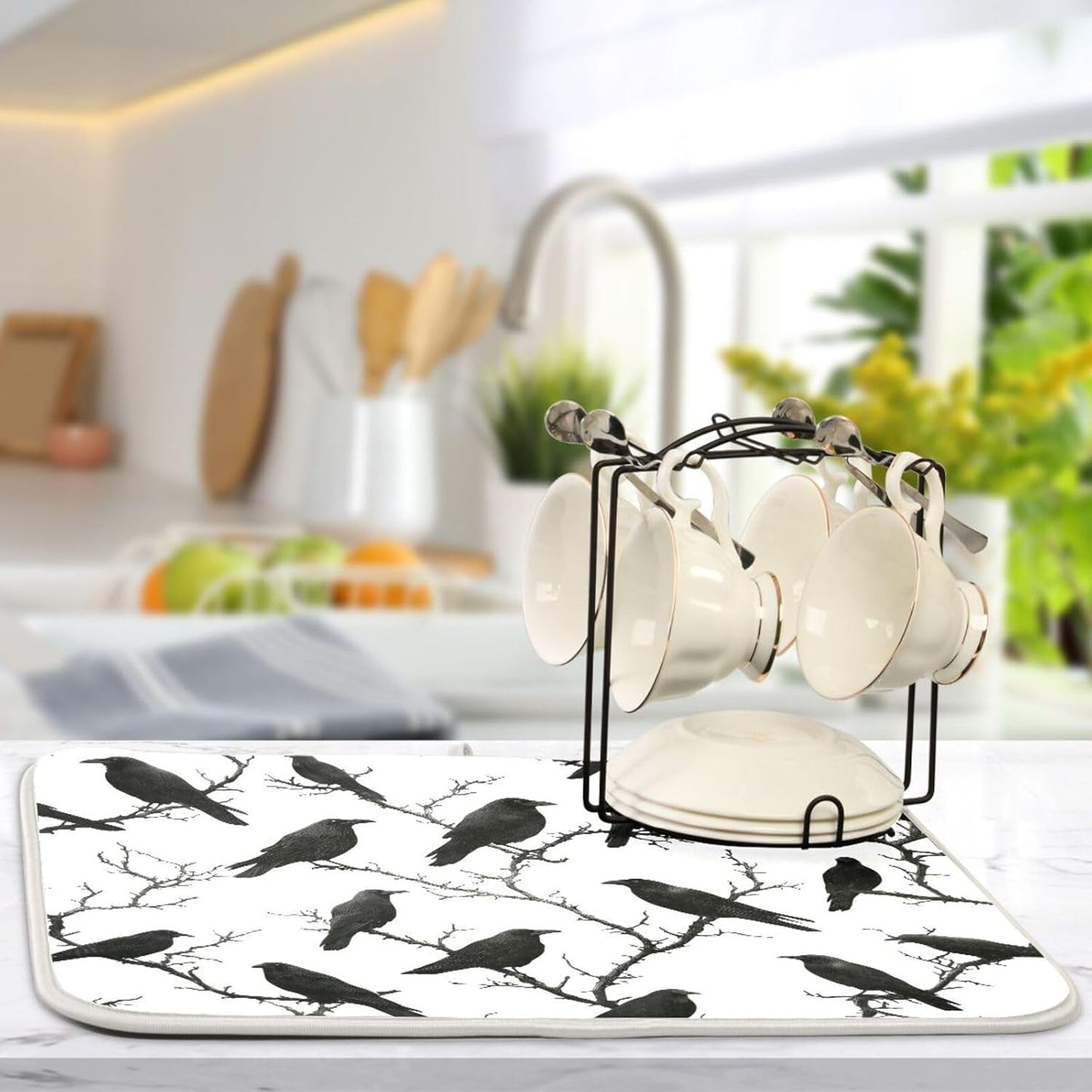 Crows Birds Perched on Branches Dish Drying Mat for Kitchen Counter Super Absorbent Dishes Pad Reversible Microfiber Protector Dish Draining Mats 16x18 inch