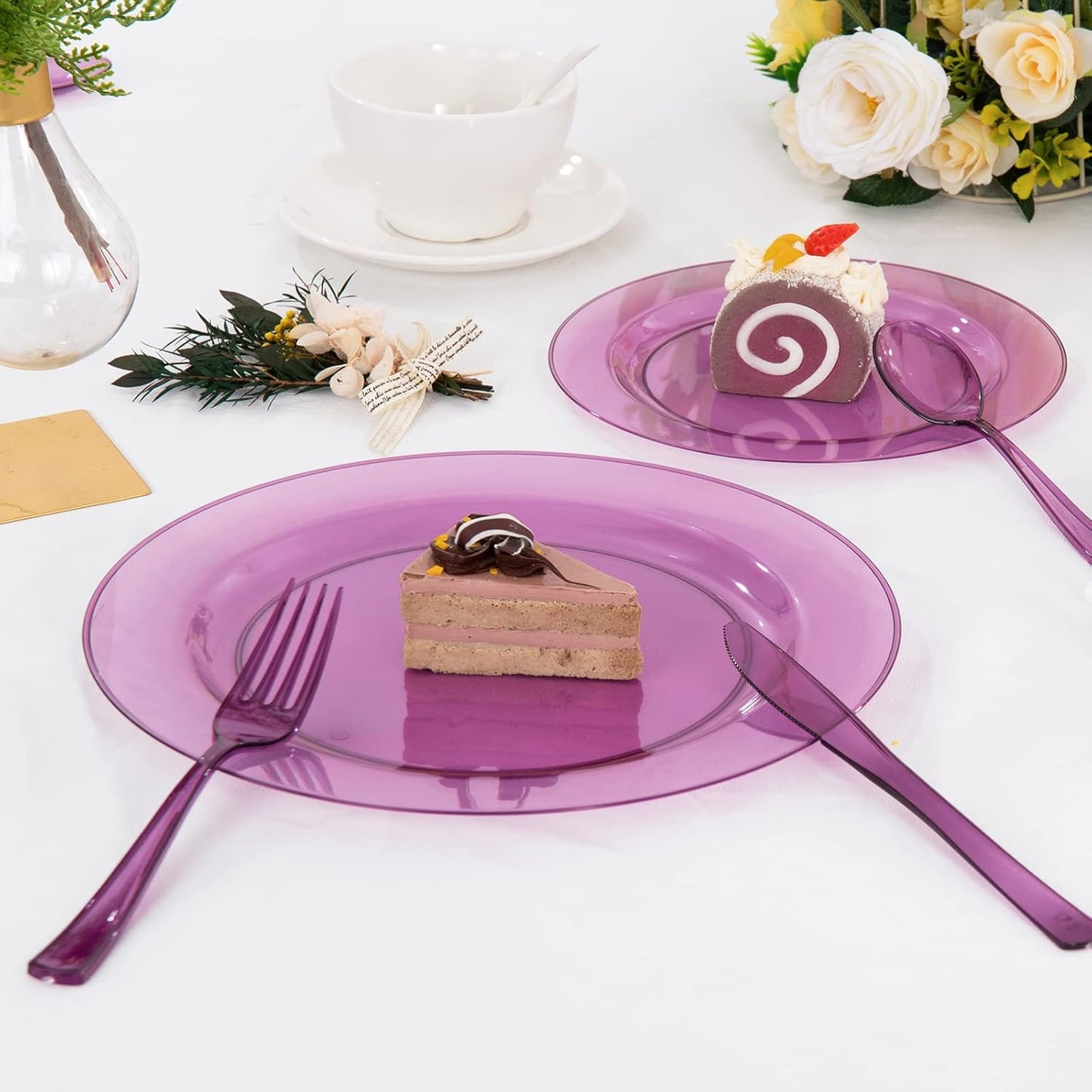 WDF 25 Guest Purple Plastic Plates with Disposable Silverware & Plastic Cups include 25 Neon Clear Purple Dinner & Salad Plates,25Forks, 25Knives,25 Spoons,25Cups for Party
