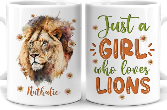 Hyturtle Personalized Gifts Lion Lover - Just A Girl Who Loves Lions Custom Name Ceramic Coffee Mug Cup 11oz - Idea Cute Animal Lover Gifts For Women, Girl Daughter On Birthday, Christmas
