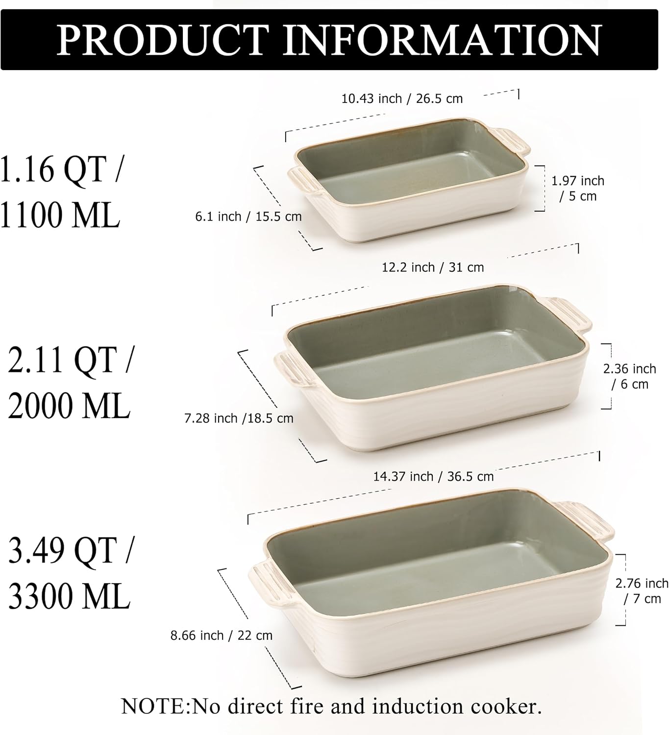 Ceramic Baking Dish Set of 3, Casserole Dishes for Oven, Square Porcelain Bakeware Set with Handles, Lasagna Baking Pan for Cooking, Perfect for Baking and Serving, Housewarming, Halloween, Thanksgiving, Christmas, New Year-White&Green