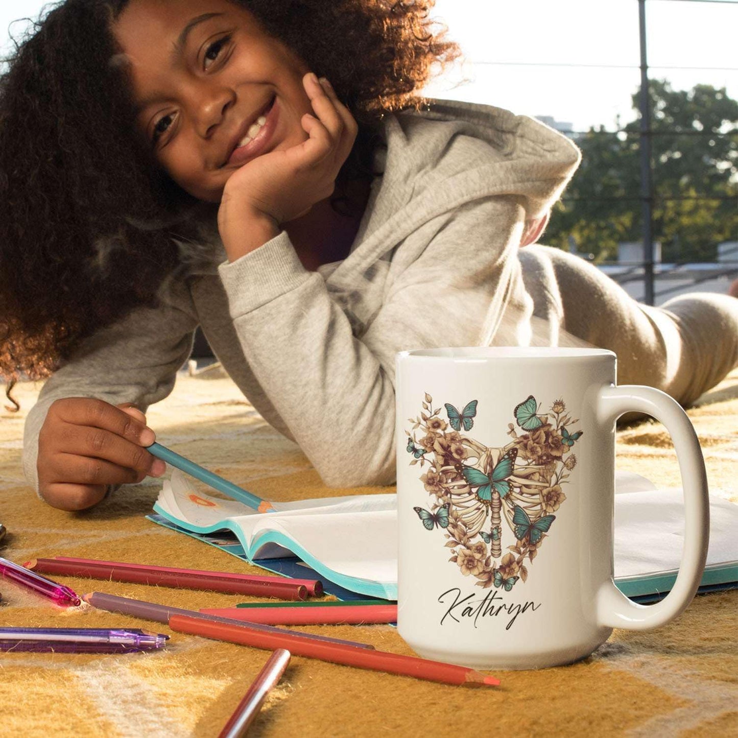 Customized Colorful Butterflies And Human Skeleton Travel Mugs, Personalized Name On Great Butterfly Cup Gifts For Child, Custom Heartwarming Animal Tea Cup For Animal Lovers