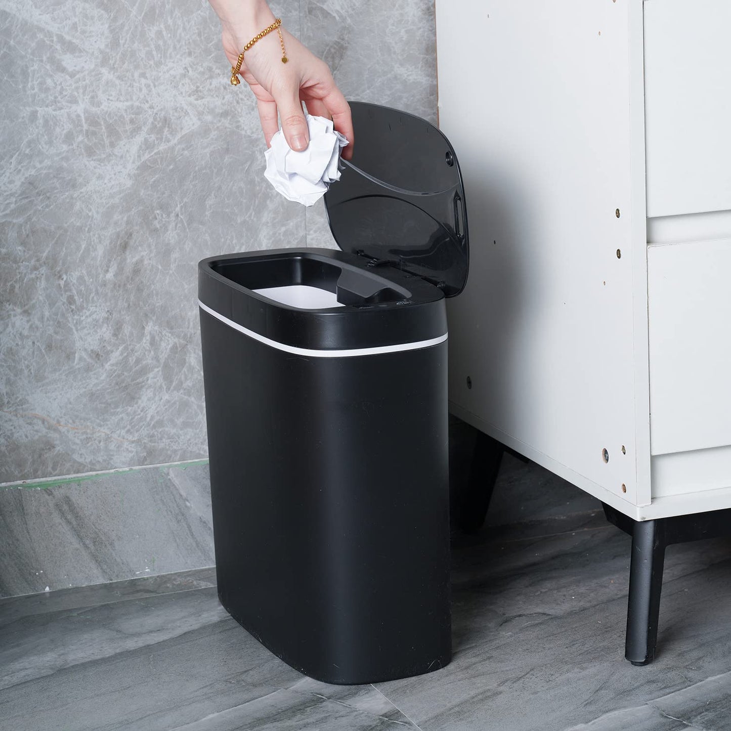 Sooyee 14 litres Automatic Bathroom Trash Can with lid,3.6 Gallon Touchless Trash Can or Kick for Kitchen,Office,Bedroom,Bathroom,Living Room,Black