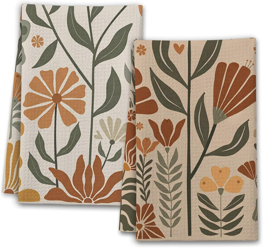 Boho Floral Kitchen Towels, Abstract Flowers House Hand Towel Set of 2, Vintage Gifts for Home Bathroom Holiday Decor - A03