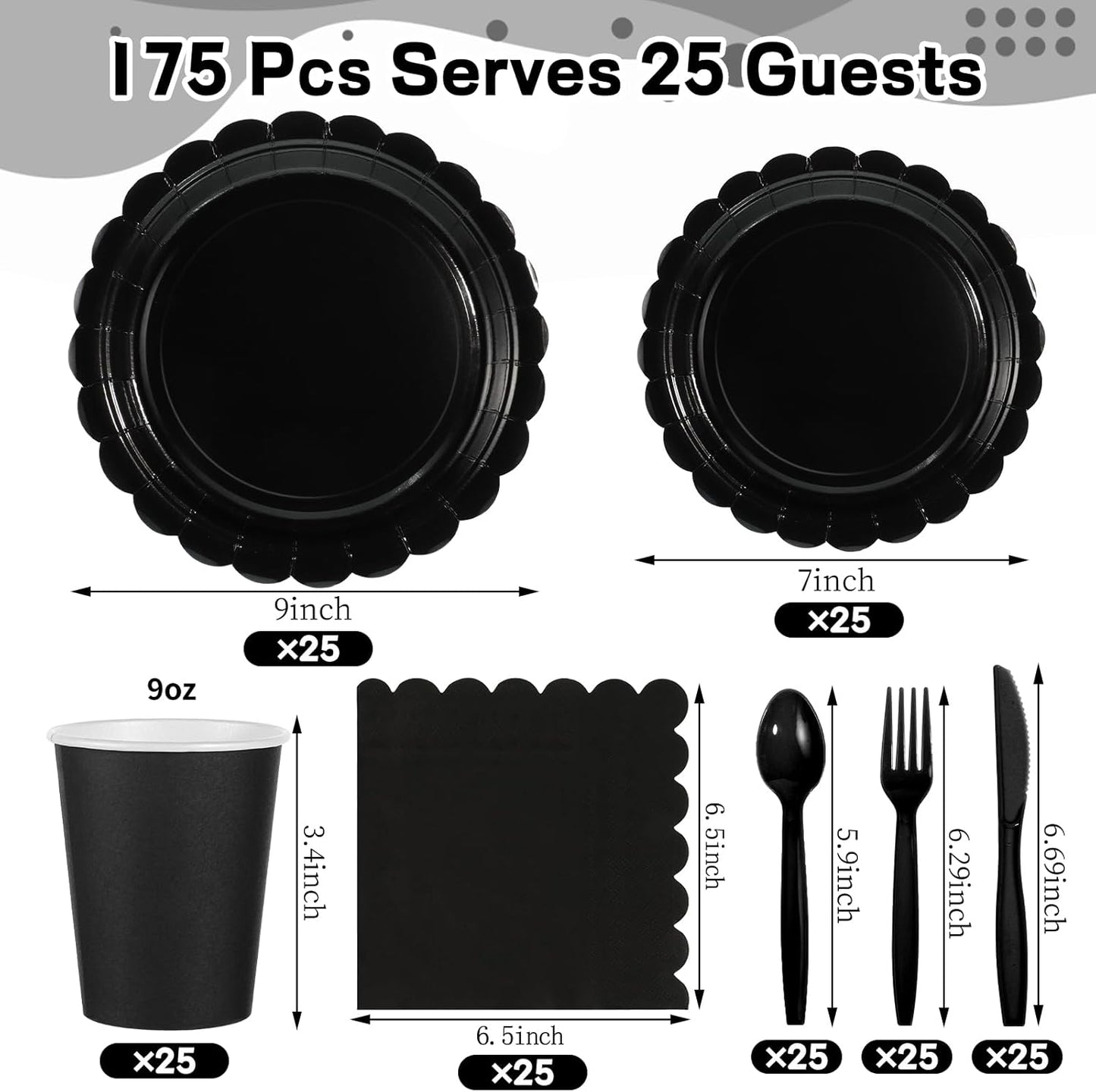 175 Pcs Black Plates and Napkins 25 Guest Halloween Plates Set Black Party Supplies Includes Scalloped Party Plate Napkins Cups Plastic Cutlery for Birthday, Halloween, New Year