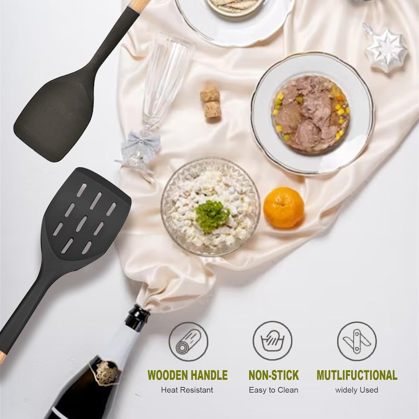 Pack of 2 Silicone Spatula, Non Stick Cooking Utensil Set Wooden Handle Kitchen Turner for Baking Mixing Grilling Serving Food Heat Resistant Non Scratch (Dark gray)