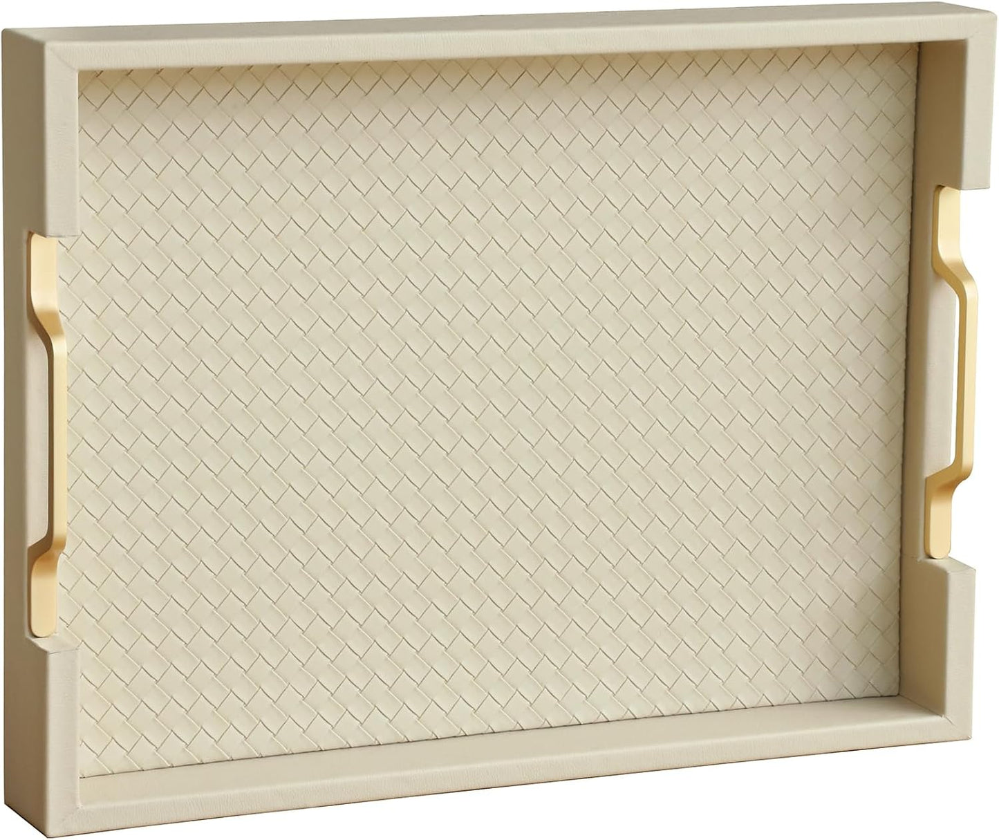 HofferRuffer Faux Leather Rectangle Serving Tray Decor Platter with Gold Metal Handles for Coffee Table, Breakfast, Tea, Food, Countertop, Kitchen, Butler Tray, 16.2 x 12.2 x 2 inches (Cream White)