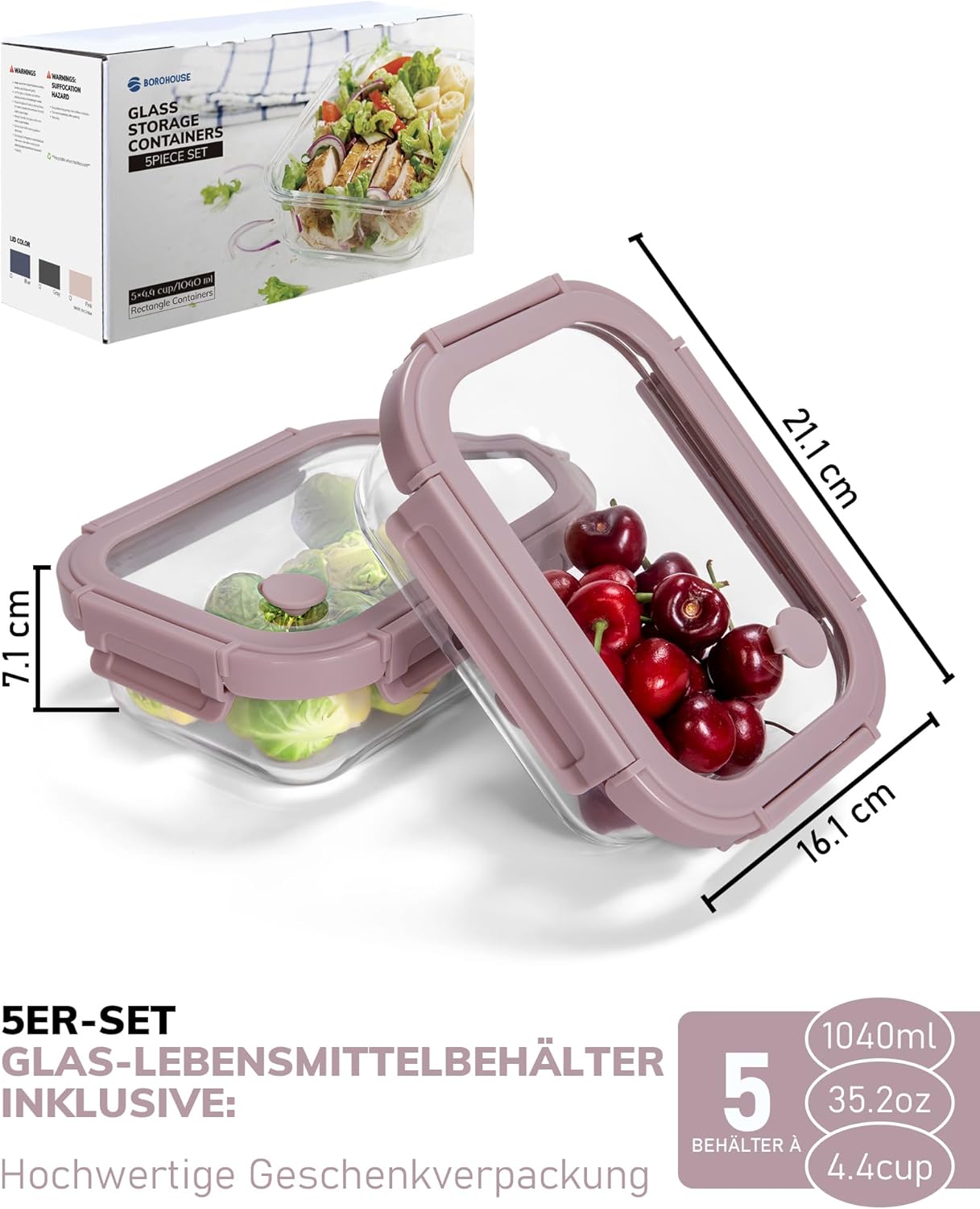 5-Pack Borosilicate Glass Containers with Tempered Lids, 35.2oz/4.4 Cup Airtight Meal Prep Set, Microwave/Freezer Safe (Pink)