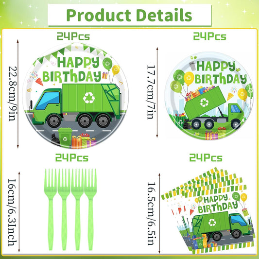 Rakuto Trash Truck Birthday Tableware Supplies Decorations, 96PCS Garbage Truck Birthday Party Plates and Napkins Forks Decor, Disposable Paper Dinnerware Set Supplies Serves 24