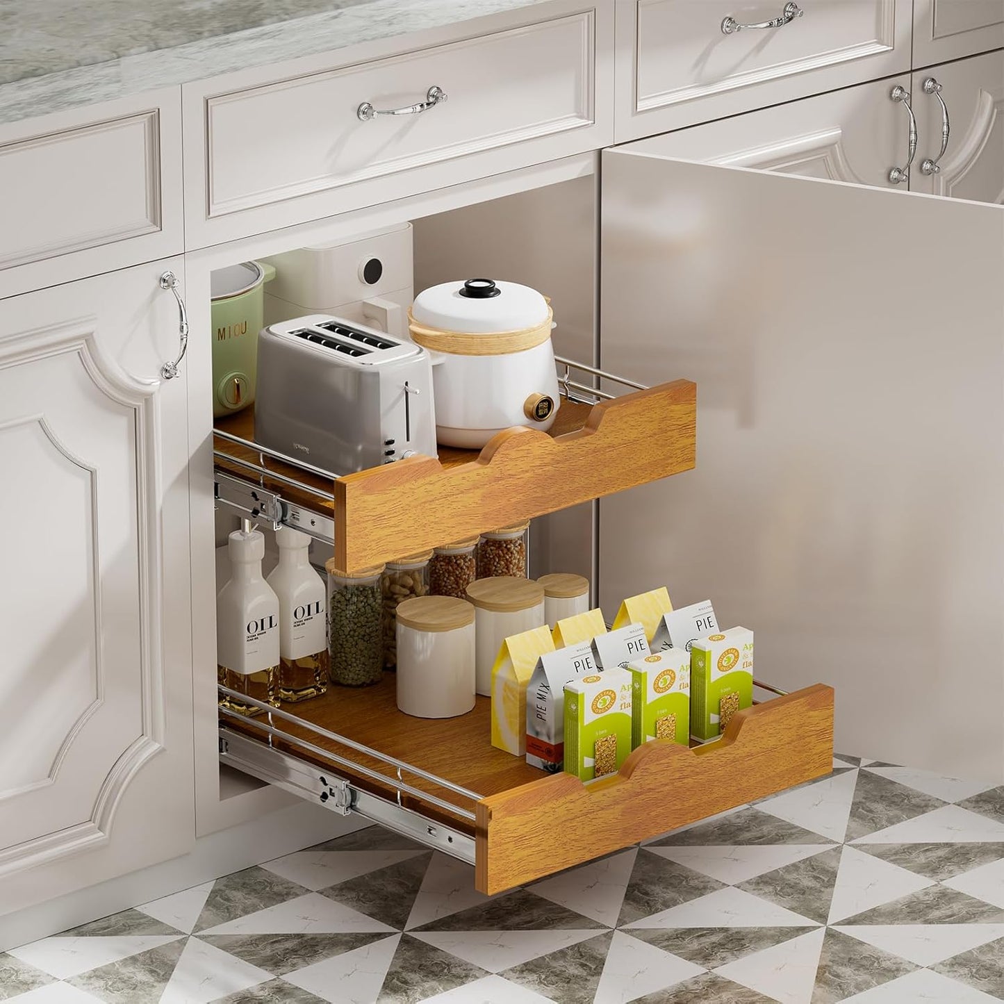 DINDON 2 Tier Pull Out Cabinet Organizer (17" W x 21" D) Slide Out Wood Shelf Double Tier Kitchen Wire Basket With Chrome Finish…