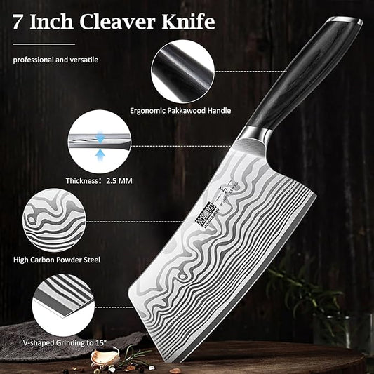 HOSHANHO Cleaver Knife 7 Inch, Razor Sharp High Carbon Powder Steel Meat Cleaver, Professional Butcher Chopper Kitchen Knife for Meat Cutting Vegetable Slicing