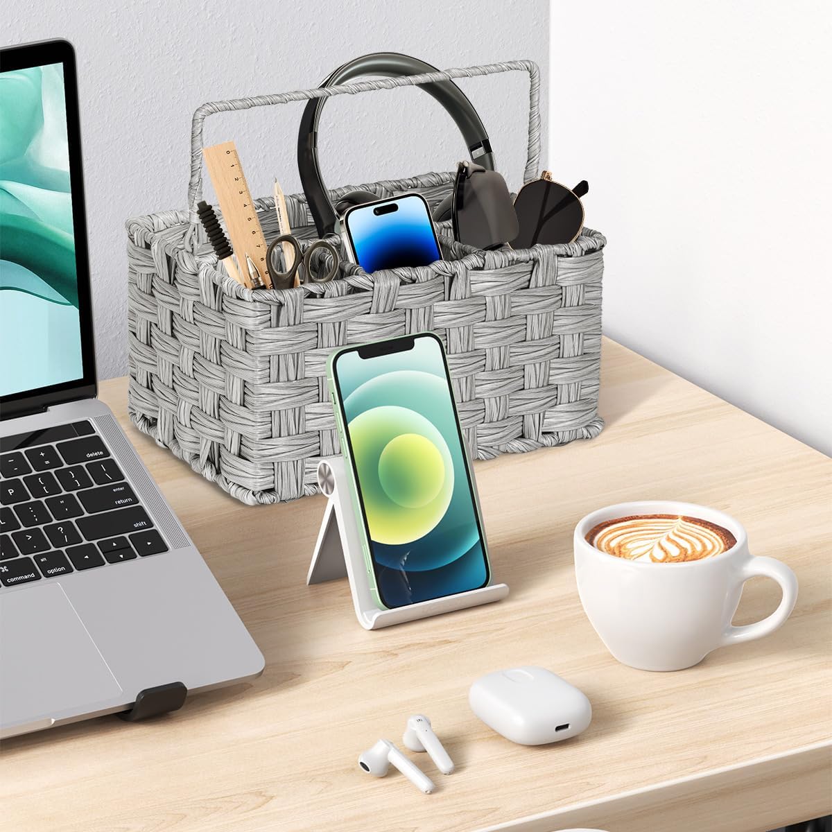 Wicker Flatware Organizer, Plastic Wicker Cutlery Holder, Outdoor Silverware Caddy, Woven Divided Utensil Caddy with Handle, Utensil Holder for Table, Kitchen, Party (Gray)