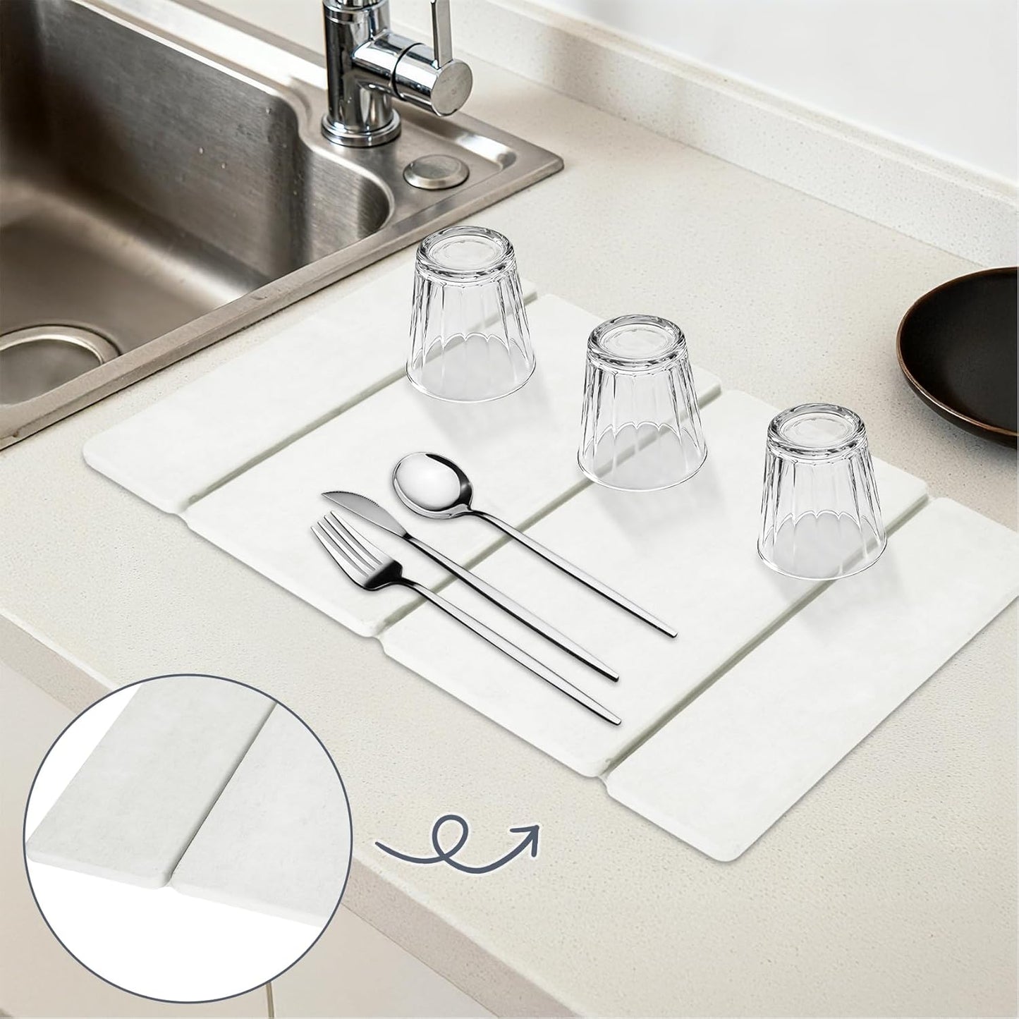 Stone Dish Drying Mat for Kitchen Counter，24x16 Collapsible Diatomaceous Earth Mats， Quick Drying Absorbent Dish Mat,Non-Slip Countertop & Bath Mat for Dishes Cups Bottles,White