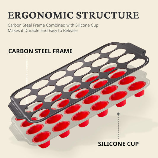 Silicone Mini Muffin Pan with Metal Frame, Egg Bite Molds for Baking for Baking, Cupcake Pans 24 Regular Size, Muffin Tins Easy to Pop Nonstick Non Toxic Bakeware for Oven,Red
