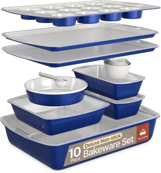 Royal Blue 10-Piece Bakeware Sets, Nonstick Carbon Steel Baking Sheet & Pans, Stackable Space-Saving Bakeware, Dishwasher Safe, Stain-resistant, PFOAPFOSPTFE Free, Oven Safe Up To 450°F (230°C)
