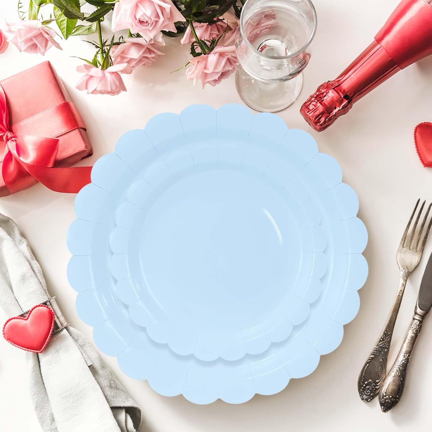 50 Pcs Light Blue Scalloped Paper Plates 25 × 7'' and 25 × 9'' Disposable Baby Blue Scalloped Dinner Plates for Wedding Baby Shower Birthday Party Disposable Dessert Plate