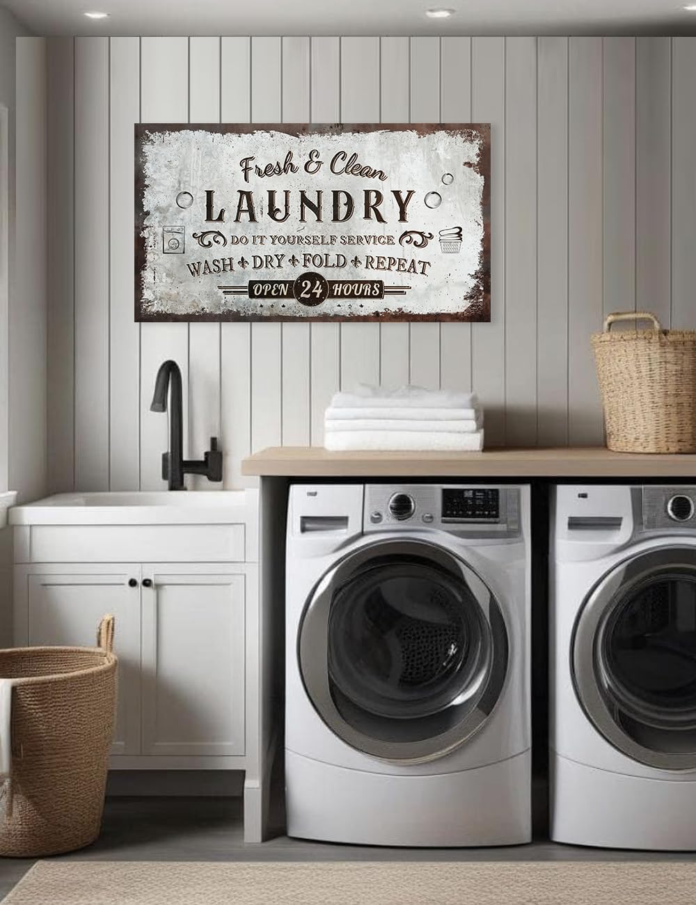 IPIC - Rustic Laundry Sign Wash Dry Fold Repeat, Canvas Print Wall Art for Family Laundry Room, Farmhouse Style Wall Decor For Home Decoration