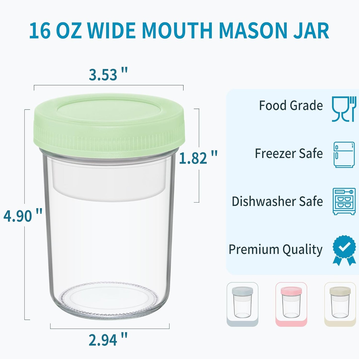 16 oz Overnight Oats Containers with Airtight Lids - 4-Pack Leak-Proof Wide Mouth Mason Jars & Divided Cups for Dried and Wet Foods, Glass Jars for Chia Pudding, Salad, Snacks, and Yogurt