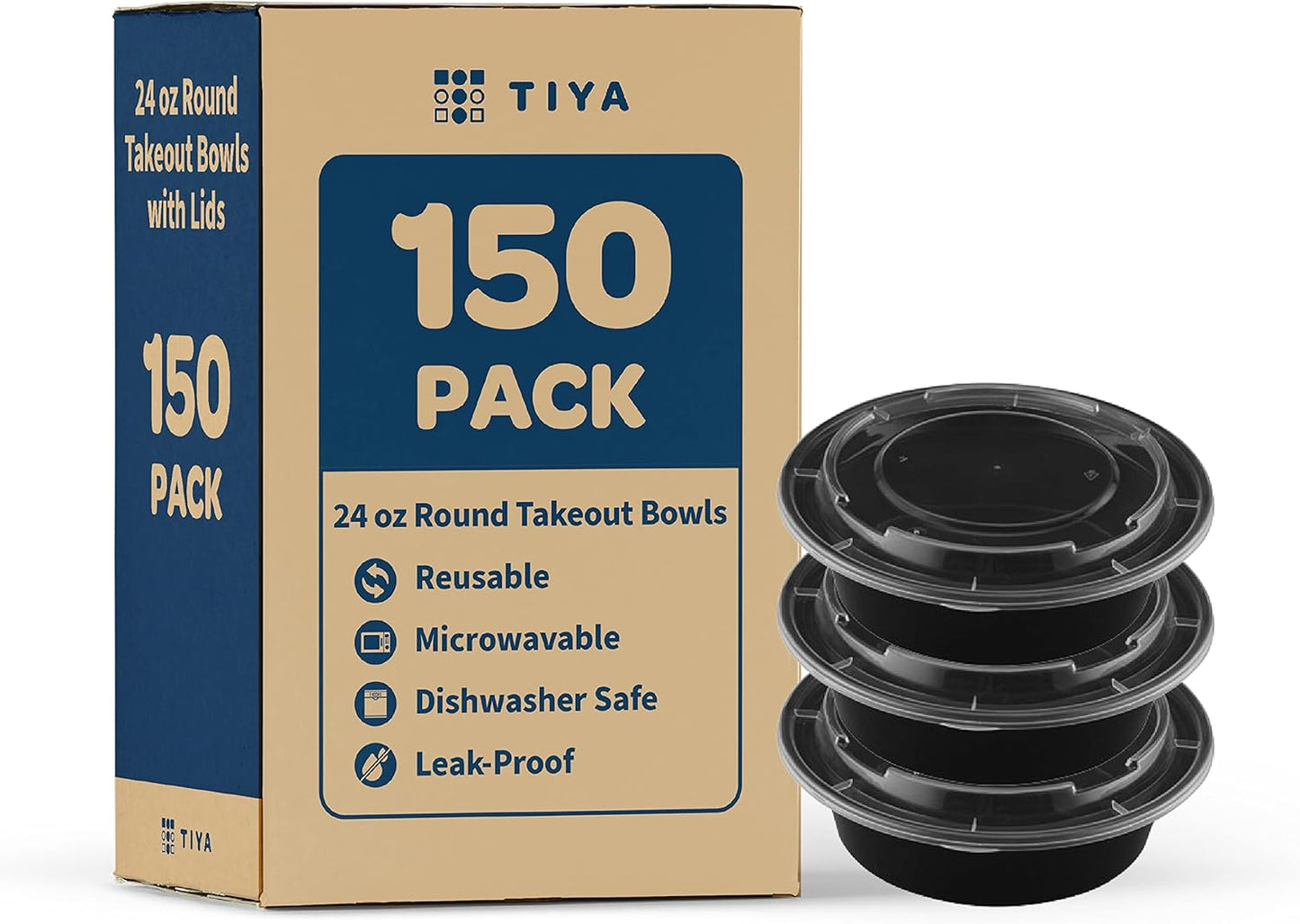 TIYA Food Containers – 24 oz Bulk 150 Pack with Lids – Plastic Food Storage To-Go Round Bowls – Reusable, Microwavable, Dishwasher Safe – Leak-Proof and Great for Meal Prep – BPA-Free