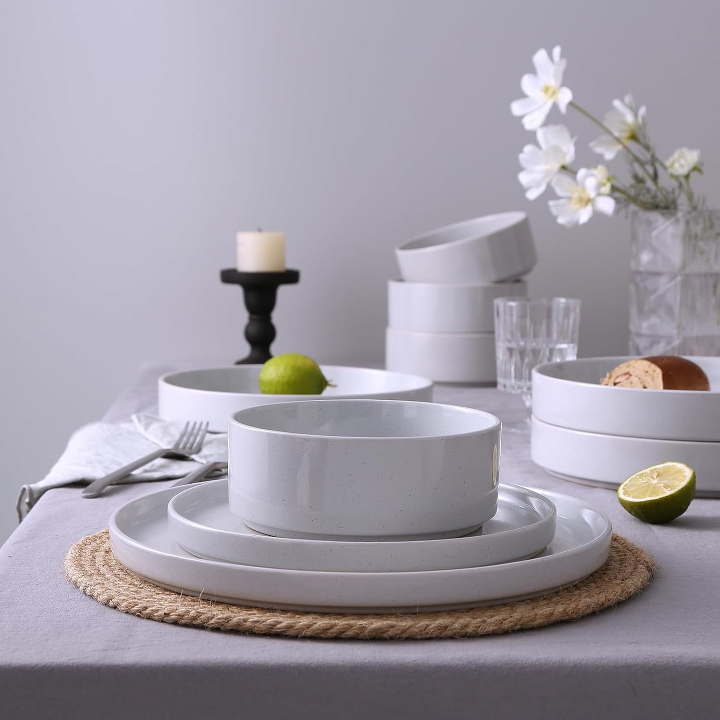 Famiware Nebula Dinnerware Set with Pasta Bowls, Service for 4 (16pcs), Fine Stoneware Plates and Bowls Sets, Microwave and Dishwasher Safe Dishes Set, Light Gray