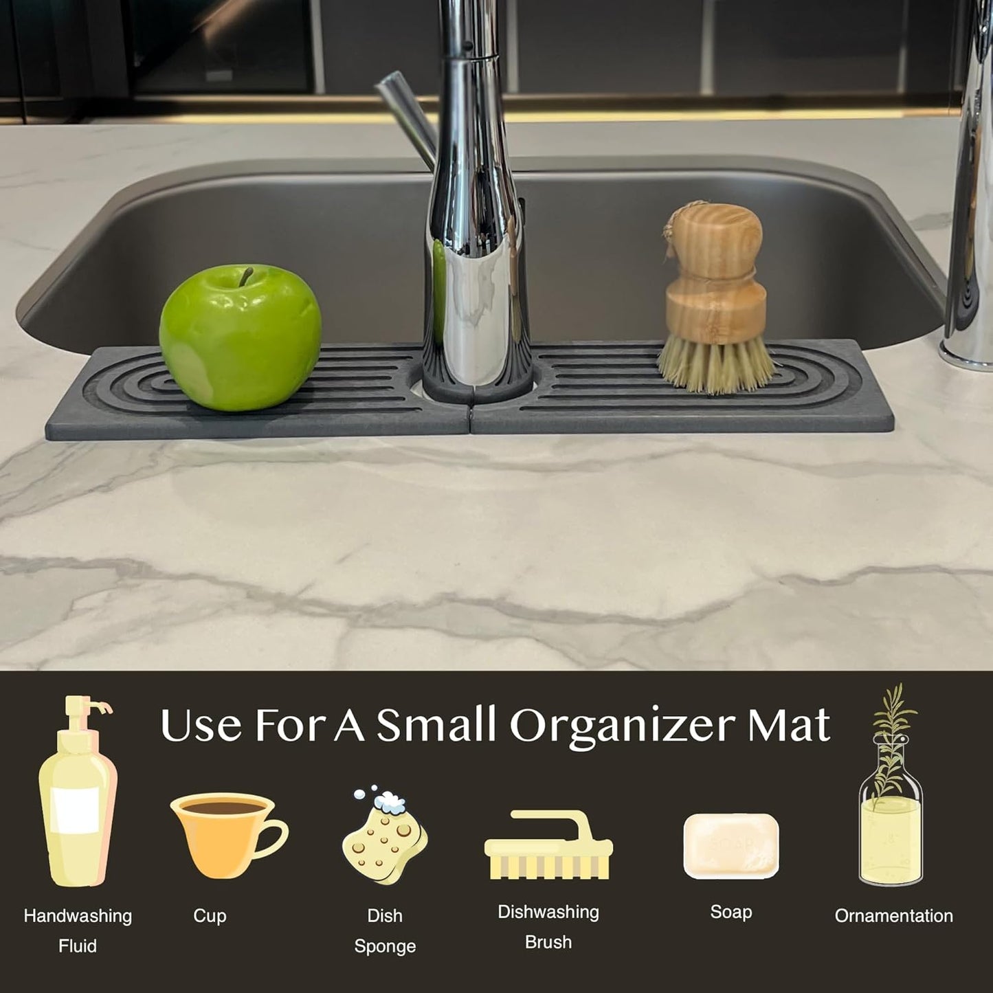 Absorbent Faucet Mat, Sink Caddy Kitchen Sink Organizer, Kitchen Counter Decor, Quick Dry Stone Mat Kitchen, Water Absorbing Stone Tray for Sink, Kitchen Soap Tray, Stone Sink Mat (DARK GREY, 15.8*4")