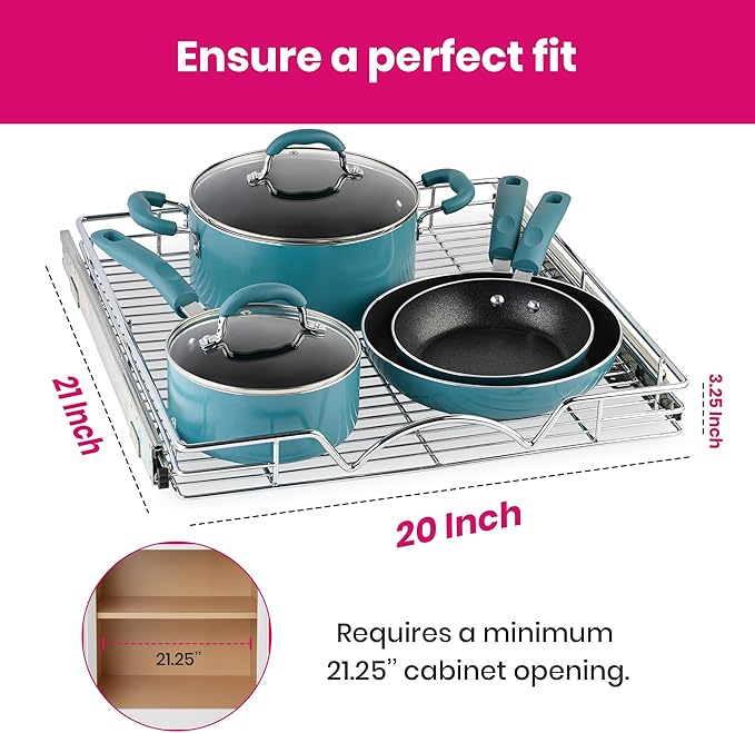 HOLDN’ STORAGE Pull Out Cabinet Organizer, Heavy Duty Caddy w/Lifetime Limited Warranty -20”W x 21”D - Requires At Least 21-1/4” Cabinet Opening, Steel Metal Cabinet Drawers Slide Out, Chrome