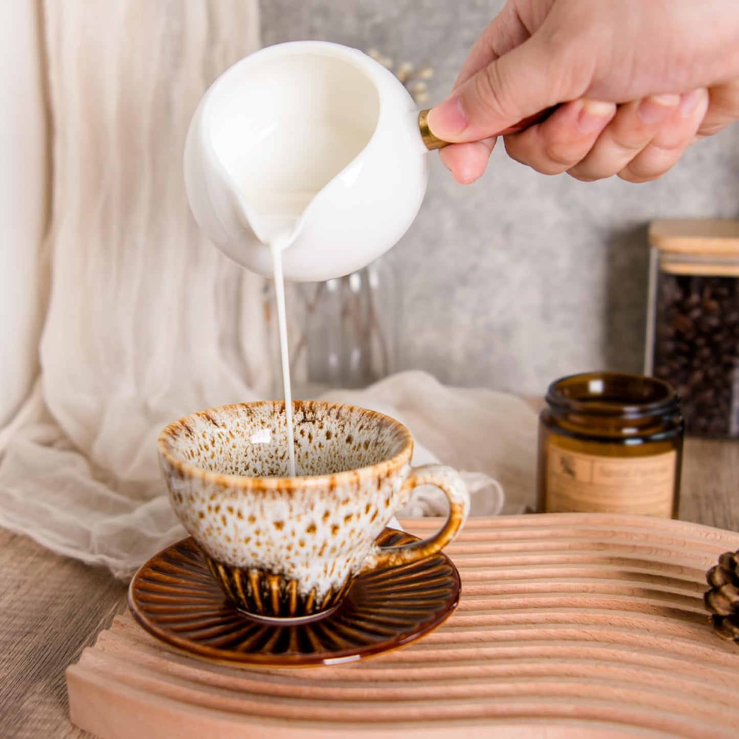 4 oz Espresso Cups Set of 2, Ceramic Cappuccino Cups with Saucers, Durable Porcelain Tea Set & Modern Coffee Cup Collection, Coffee Lover Gifts, Glazed White