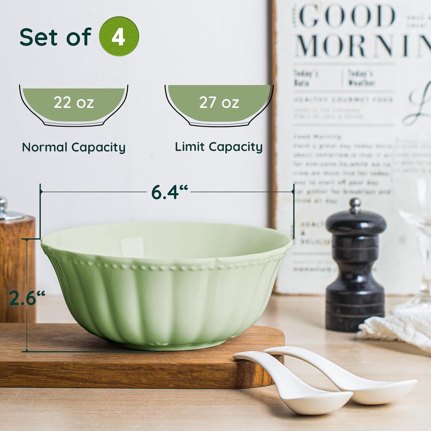Ceramic Soup Serving Bowls for Kitchen, 6.4 Inch, Set of 4, Cereal Bowl Porcelain, Oven & Microwave Safe, Green
