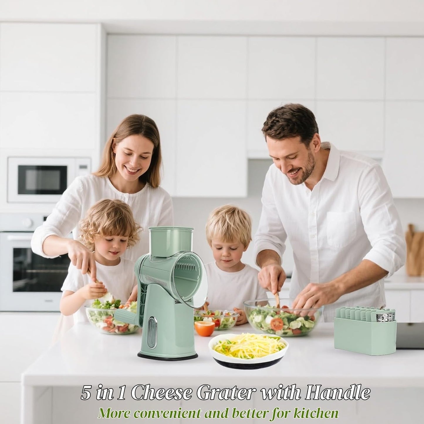 Rotary Cheese Grater with Handle, Manual Vegetable Slicer Grater with 5 Detachable Stainless Steel Blades, Round Grater Slicer Hand Crank Food Chopper for Kitchen with Blade Storage Box