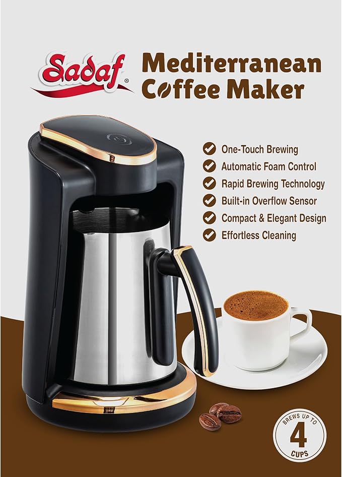 Sadaf One-Touch Mediterranean Coffee Maker – Electric Turkish, Greek, and Armenian Coffee Machine - Stainless Steel Coffee Maker - Foam Control & Overflow Sensor - 250ml, Gold