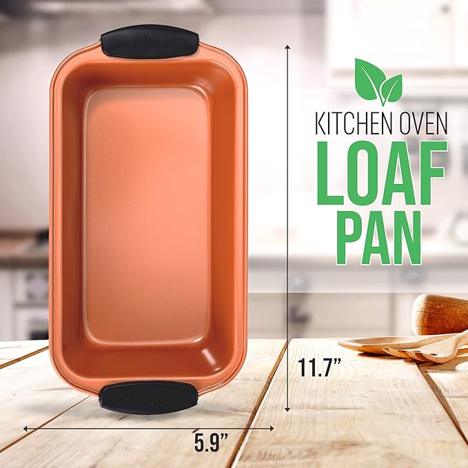 NutriChef Jovial Non Stick Loaf Baking Pan,Deluxe Copper Carbon Steel Pan with Blue Silicone Handles,Quality Metal Bakeware For Cooking&Baking Cake Loaf,Muffins&More,Compatible with Model NCSBS54S