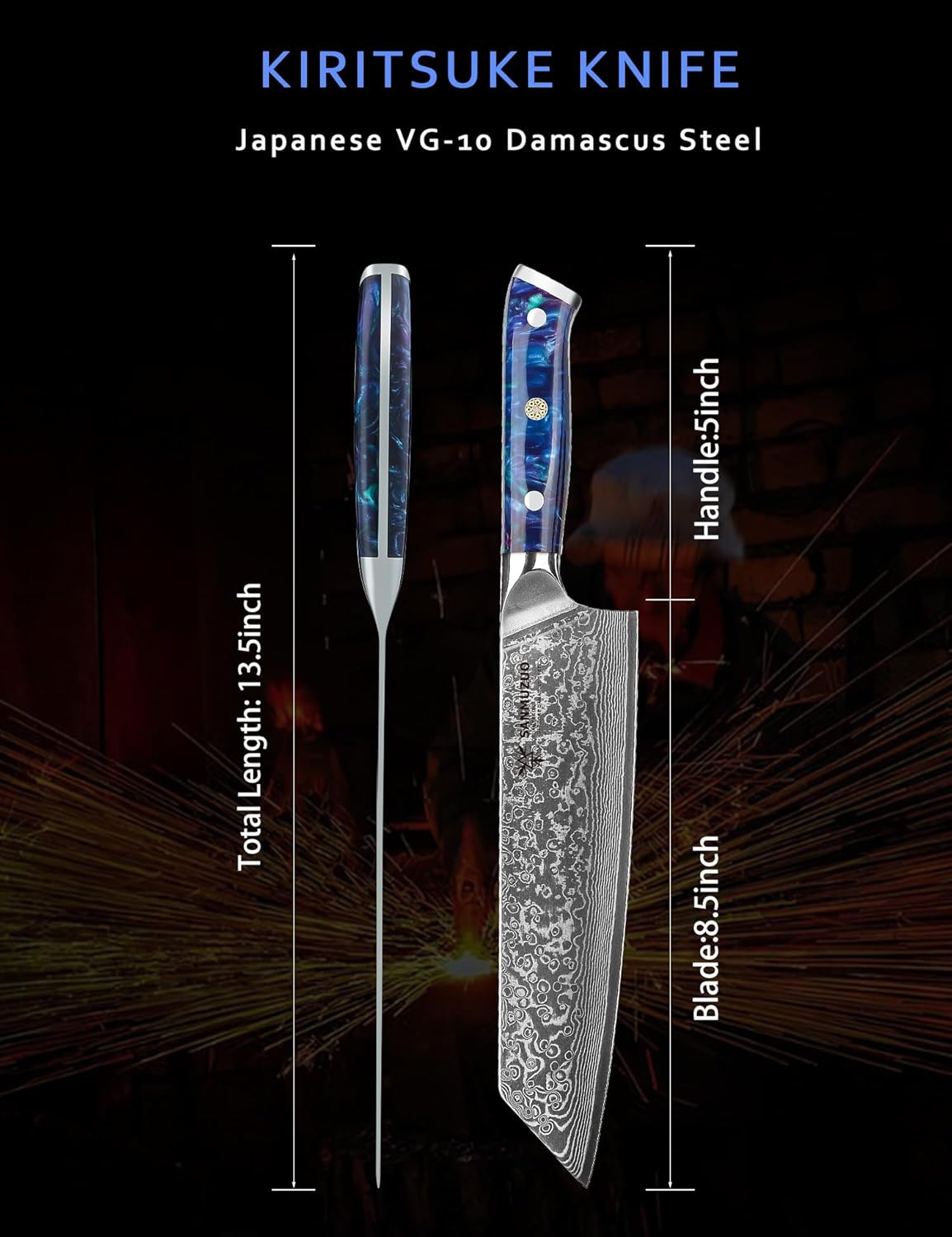 8.5 inch Kiritsuke Kitchen Chef Knife - 67 Layers Damascus Steel & Resin Handle - Xuan Series(Sapphire Blue)